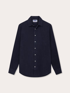 Men's Navy Blue Abaco Linen Shirt front view. Navy blue mens linne shirt with long-sleeves and buttons.