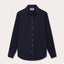 Men's Navy Blue Abaco Linen Shirt front view. Navy blue mens linne shirt with long-sleeves and buttons.