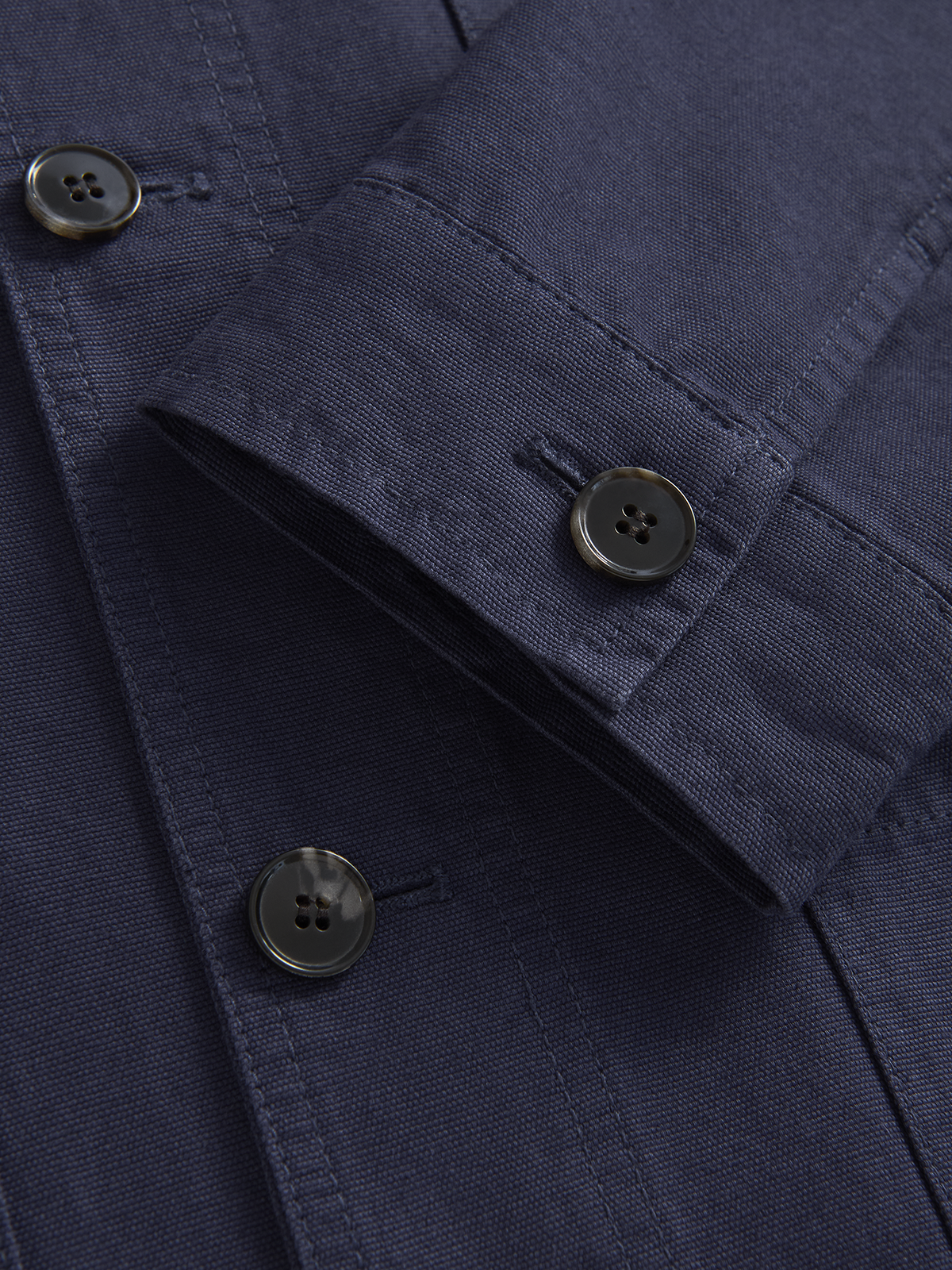 Close-up of a navy blue textured cotton jacket, showing the cuff with a dark button and the buttoned front placket.