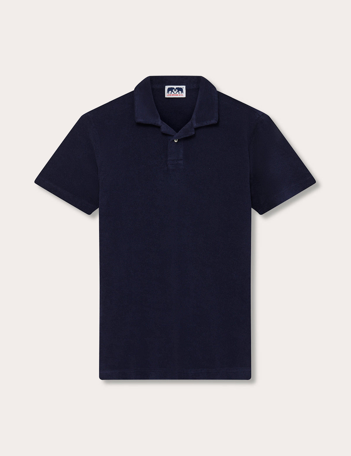 Men's Navy Blue Powell Terry Polo Shirt front view. Blue terry towelling polo shirt for men with short sleeves.