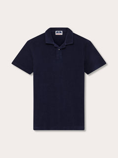 Men's Navy Blue Powell Terry Polo Shirt front view. Blue terry towelling polo shirt for men with short sleeves.