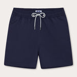 Men's Navy Blue Staniel Swim Shorts front view. Plain navy swim shorts featuring drawstring tie and elasticated waistband.