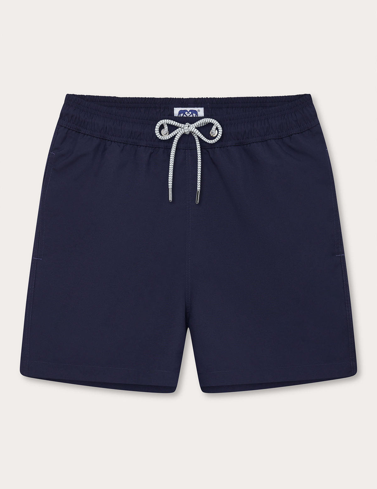 Men's Navy Blue Staniel Swim Shorts front view. Plain navy swim shorts featuring drawstring tie and elasticated waistband.