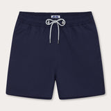 Men's Navy Blue Staniel Swim Shorts front view. Plain navy swim shorts featuring drawstring tie and elasticated waistband.