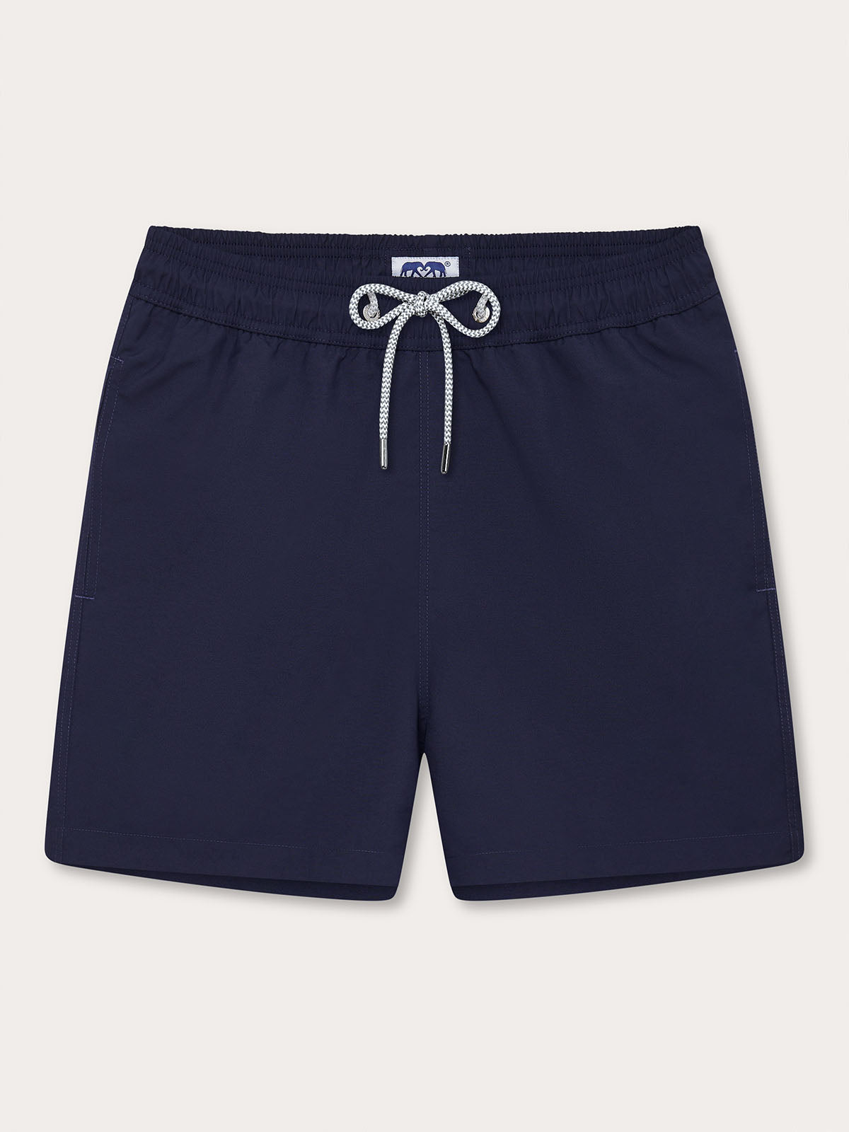 Men's Navy Blue Staniel Swim Shorts front view. Plain navy swim shorts featuring drawstring tie and elasticated waistband.