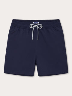 Men's Navy Blue Staniel Swim Shorts front view. Plain navy swim shorts featuring drawstring tie and elasticated waistband.