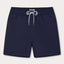 Men's Navy Blue Staniel Swim Shorts front view. Plain navy swim shorts featuring drawstring tie and elasticated waistband.