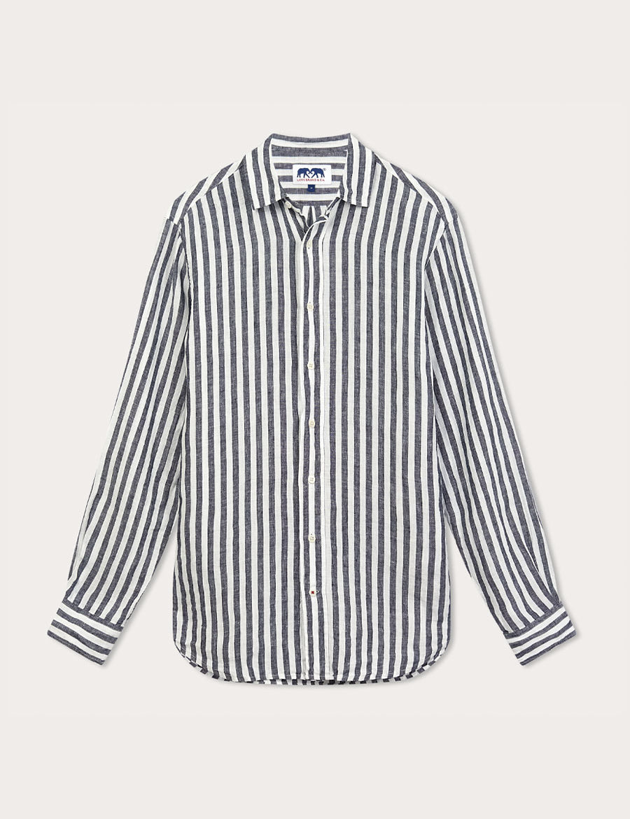 Men's Navy Lines Abaco Linen Shirt, long sleeves, navy blue thin stripes. Old money shirts made from 100% linen.