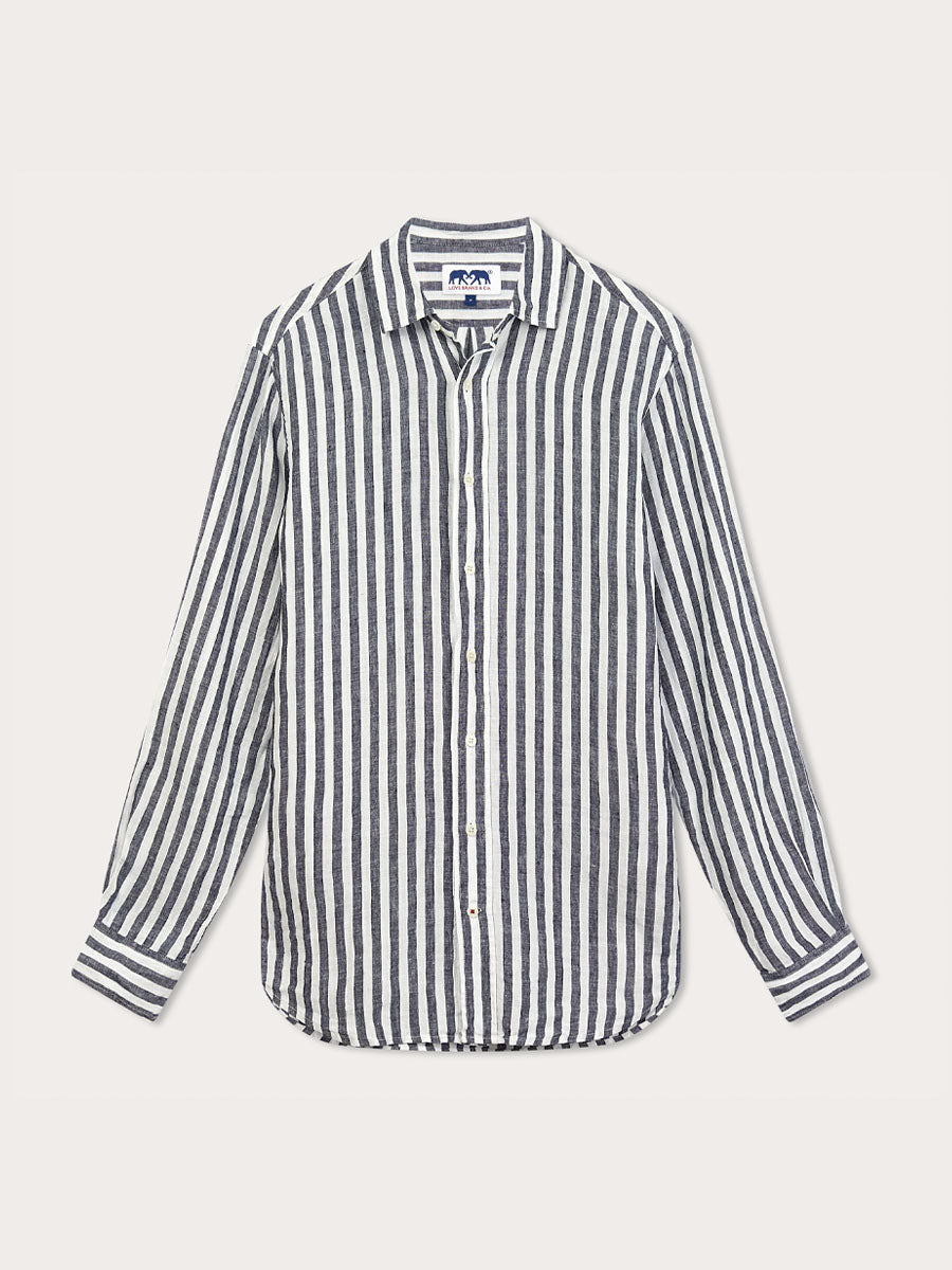 Men's Navy Lines Abaco Linen Shirt, long sleeves, navy blue thin stripes. Old money shirts made from 100% linen.