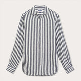 Men's Navy Lines Abaco Linen Shirt, long sleeves, navy blue thin stripes. Old money shirts made from 100% linen.