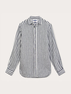 Men's Navy Lines Abaco Linen Shirt, long sleeves, navy blue thin stripes. Old money shirts made from 100% linen.