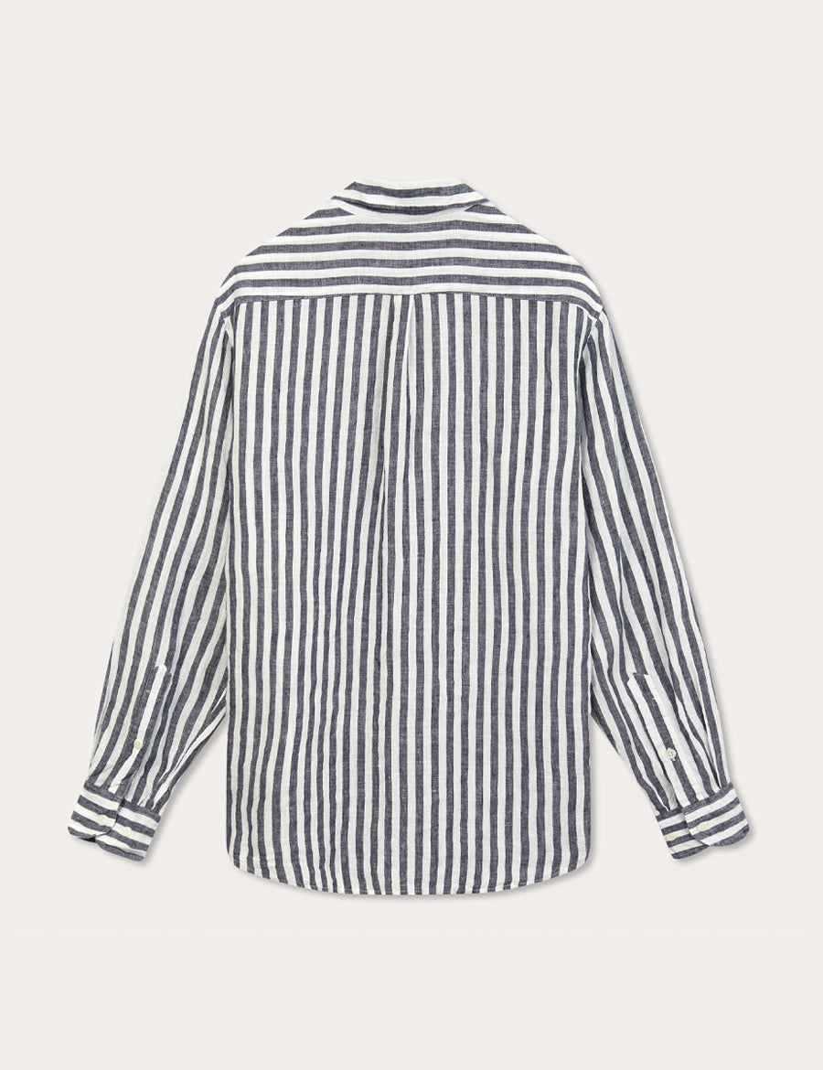 Men's Navy Lines Abaco Linen Shirt - back view showing long sleeves and timeless navy blue thin stripes.