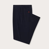 Side view of mens navy cotton chinos showing front and back pocket.