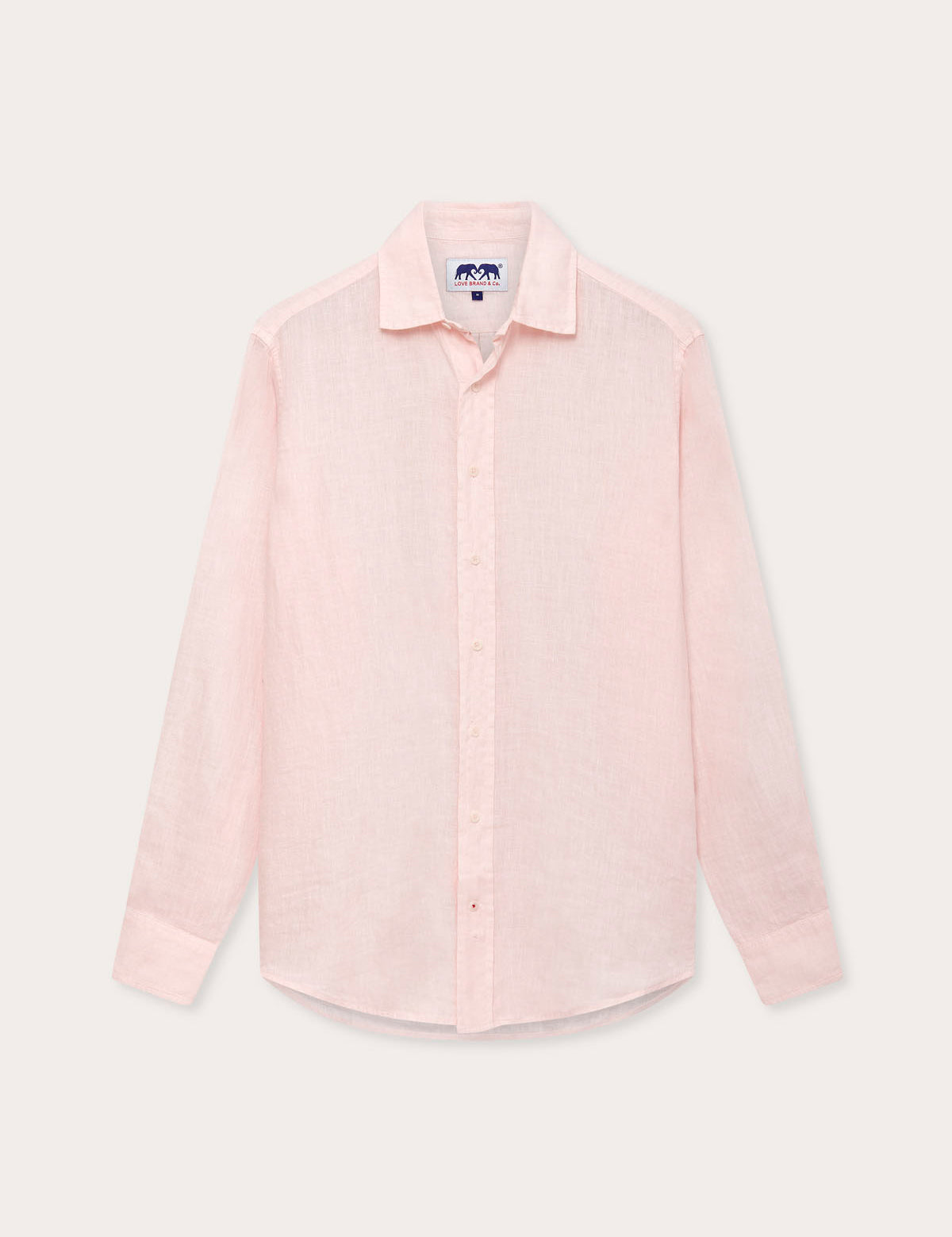 Men's Pastel Pink Abaco Linen Shirt front view. Long sleeve button-up pink mens linen shirt.