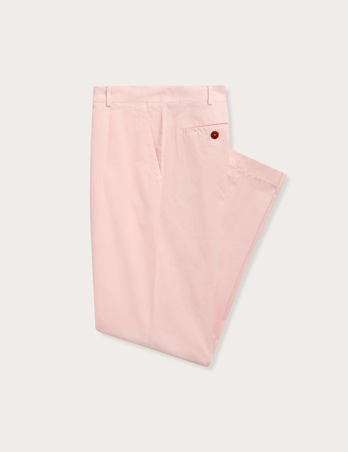 Sideview of pale pink ,ens cotton chinos showing side pockets.