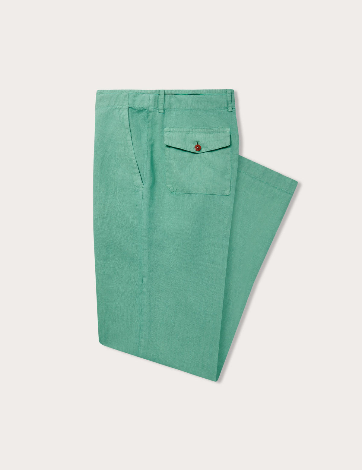 Men's Riviera Green Randall Linen Trousers folded neatly showcasing rear pocket and front. Green mens linen trousers ideal fro old money styling.