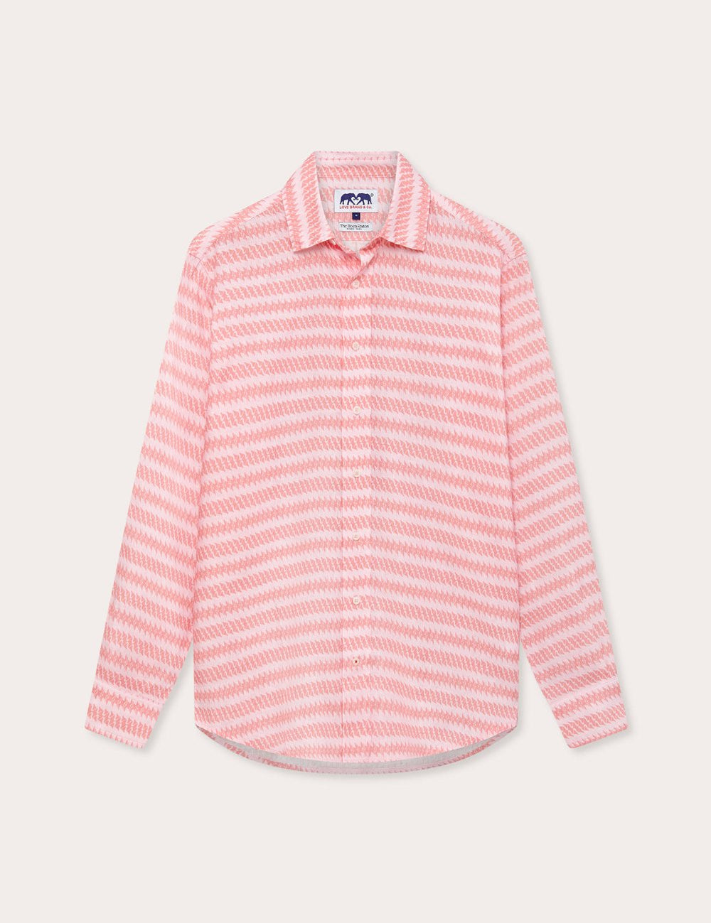 Men's Roseate Spoonbill Abaco Linen Shirt in pink zigzag pattern on a white background. Old money shirts made from 100% linen.