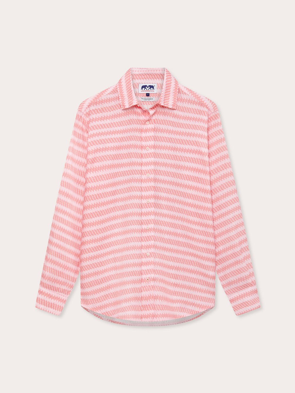 Men's Roseate Spoonbill Abaco Linen Shirt in pink zigzag pattern on a white background. Old money shirts made from 100% linen.