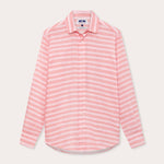 Men's Roseate Spoonbill Abaco Linen Shirt in pink zigzag pattern on a white background. Old money shirts made from 100% linen.