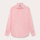 Men's Roseate Spoonbill Abaco Linen Shirt in pink zigzag pattern on a white background. Old money shirts made from 100% linen.