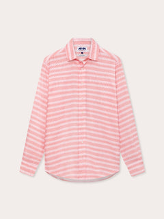 Men's Roseate Spoonbill Abaco Linen Shirt in pink zigzag pattern on a white background. Old money shirts made from 100% linen.