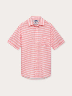 Our Men's Roseate Spoonbill Manjack Linen Shirt is made from 100%. Front view of this men's linen shirt featuring pink print with a pattern of the Roseate Spoonbill bird.