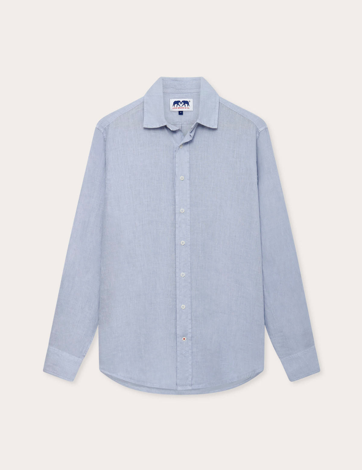 Men's Sky Blue Abaco Linen Shirt front view. Long-sleeved mens blue linen shirt with button-up front.