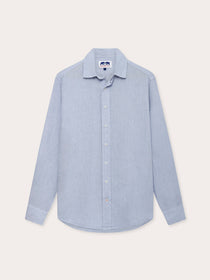 Men's Sky Blue Abaco Linen Shirt front view. Long-sleeved mens blue linen shirt with button-up front.