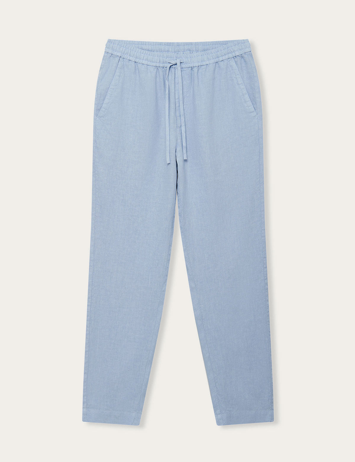 Front view of Men's Sky Blue Eleuthera Linen Trousers. Old money men's style linen trousers with drawstring waist and 2 pockets in sky blue colour. Part of Love Brand resort wear range.