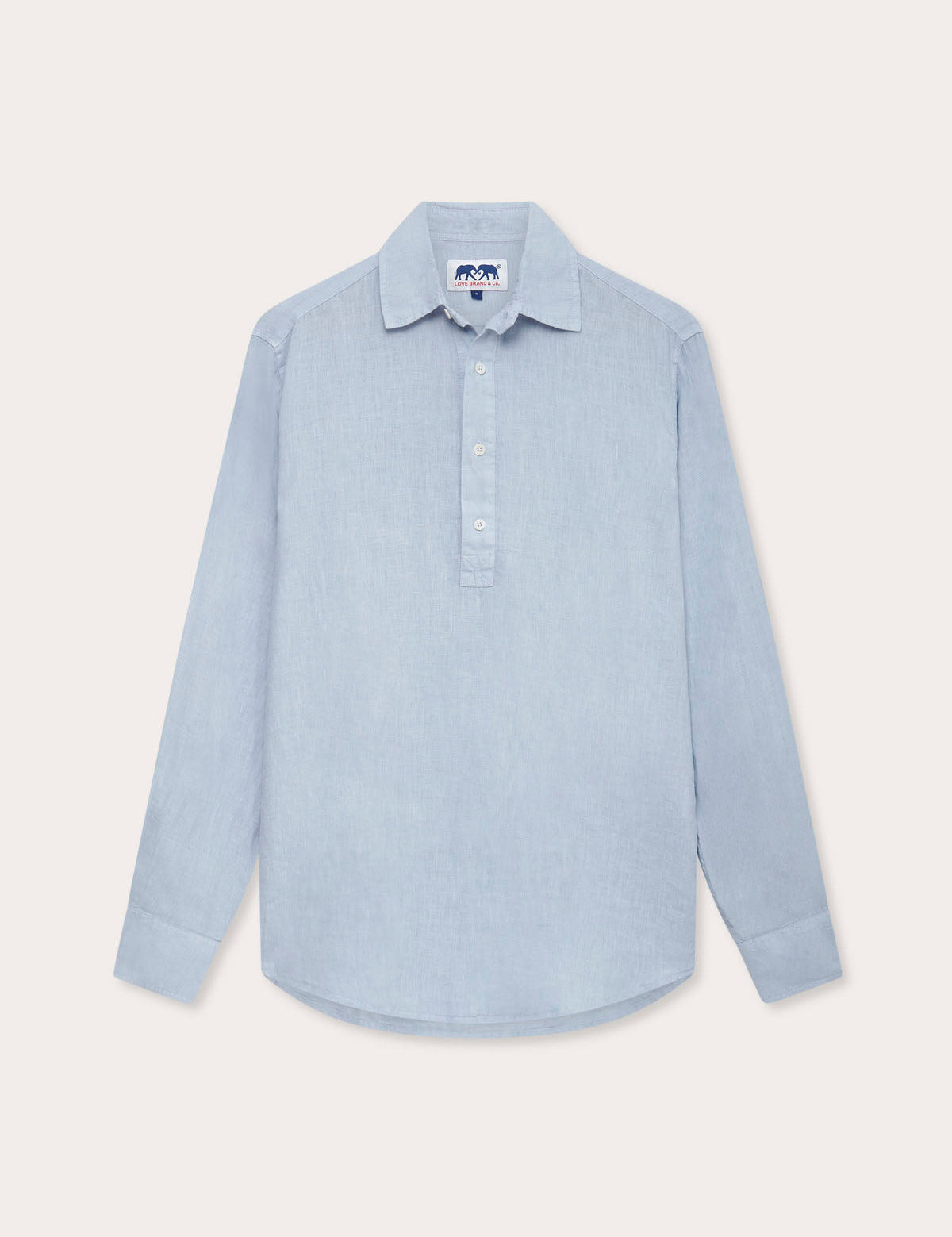 Mens Sky Blue Hoffman Linen Shirt. Long sleeved mens linen shirt with half button up design.