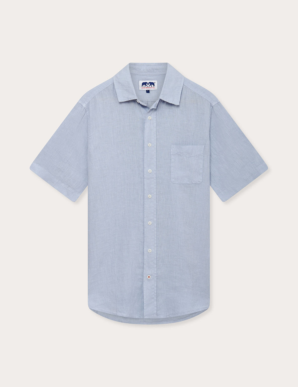 Men's Sky Blue Manjack Linen Shirt. Men's linen shirt featuring short sleeves, a button-down front, made from 100% linen, with front pocket.