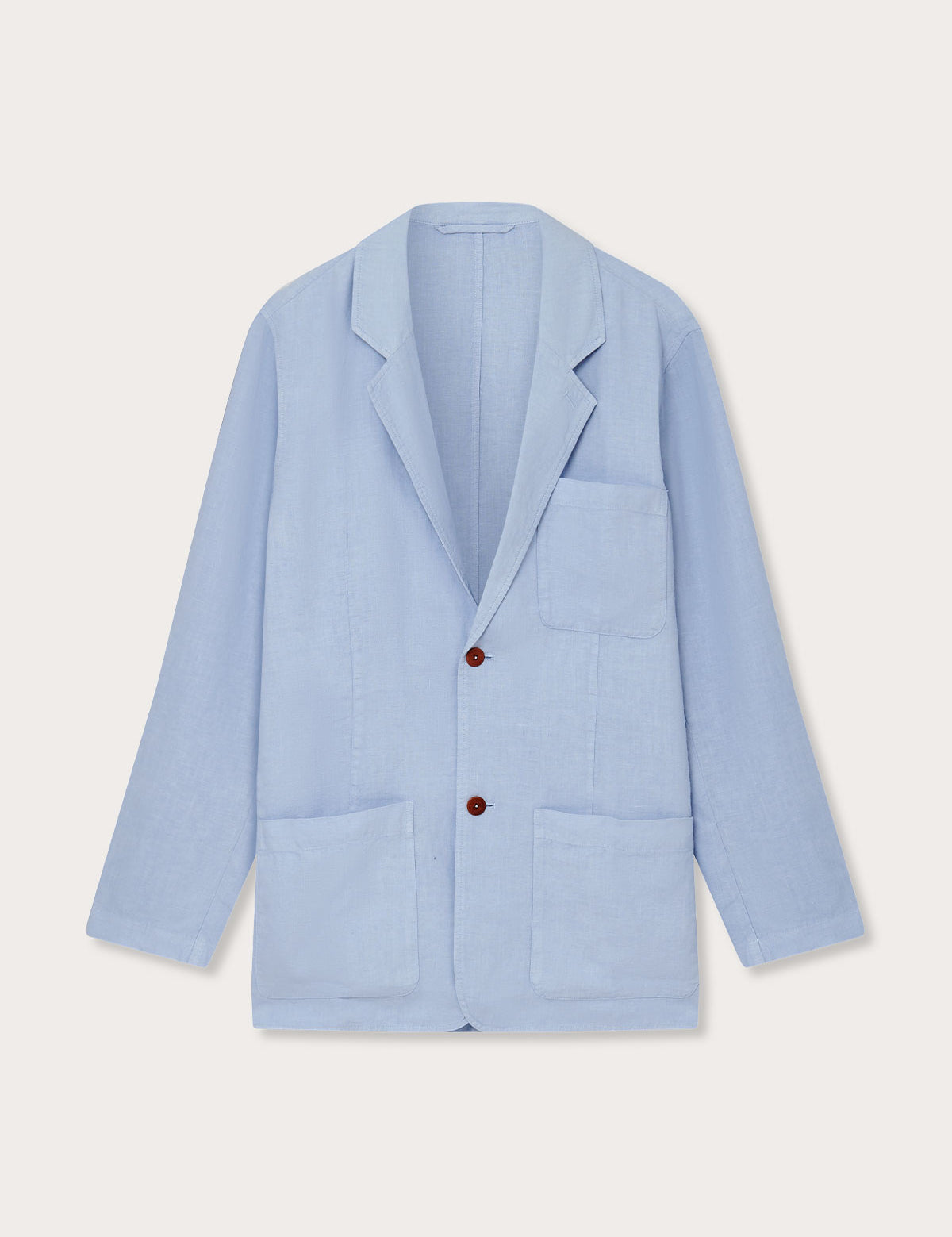 Men's Sky Blue Nassau Linen Jacket with Signature Corozo Nut Buttons and Three Pockets Front View