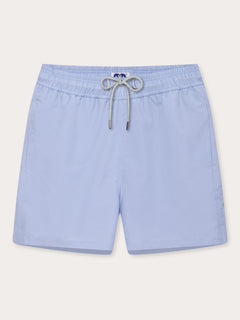 Men's Sky Blue Staniel Swim Shorts front view. Plain blue swim shorts featuring drawstring tie and elasticated waist.