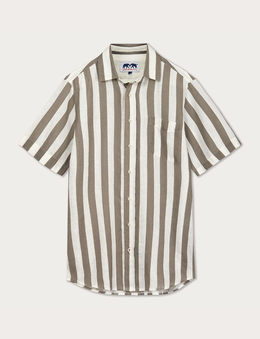 Men's Tan Candy Stripe Manjack Linen Shirt with short sleeves, featuring broad tan and white stripes. Men's linen shirt made from 100% natural linen material, inspired by 1950s Florida and the Bahamas.