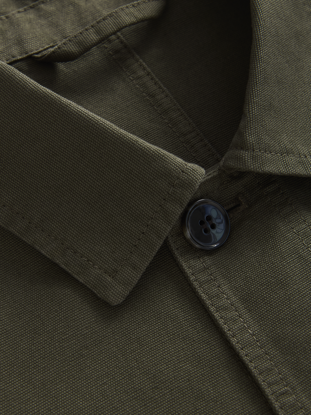 Close-up of an olive green cotton jacket collar with a dark button, showing the fabric texture and stitching details.
