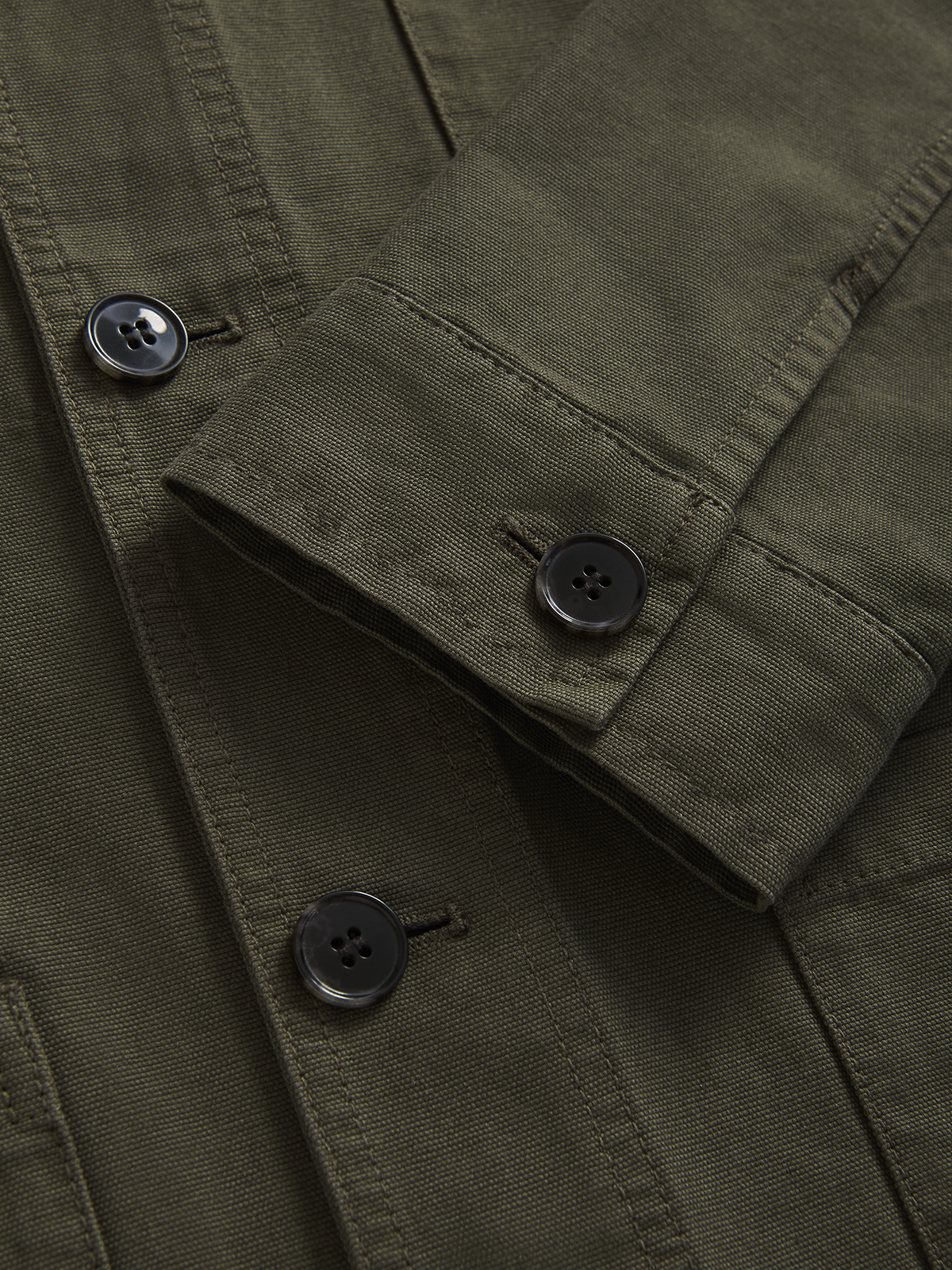 Close-up of an olive green canvas jacket with dark buttons on the cuff and front placket.