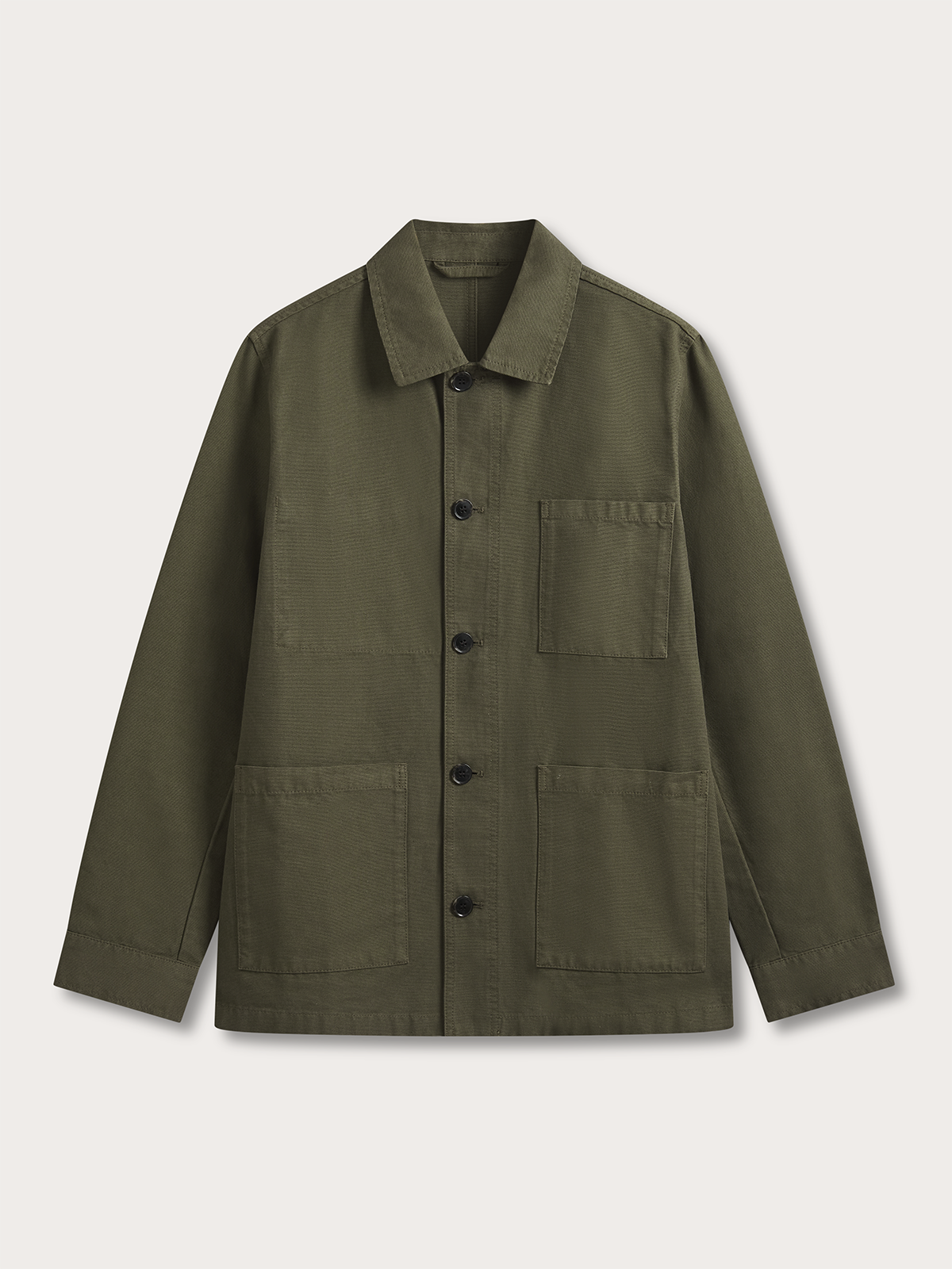 An olive green utility jacket with a pointed collar, button-up front, and four front pockets, displayed flat against a light off-white background.