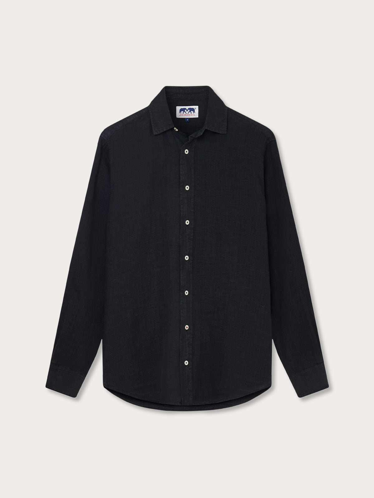 Men's Volcanic Black Abaco Linen Shirt. Old money shirts long-sleeved, button-down, 100% linen, front view against neutral background.