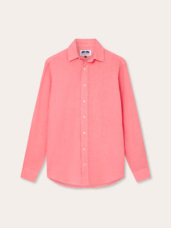 Men's Watermelon Abaco Linen Shirt in bright pink-red hue suitable for holidays or pool parties.