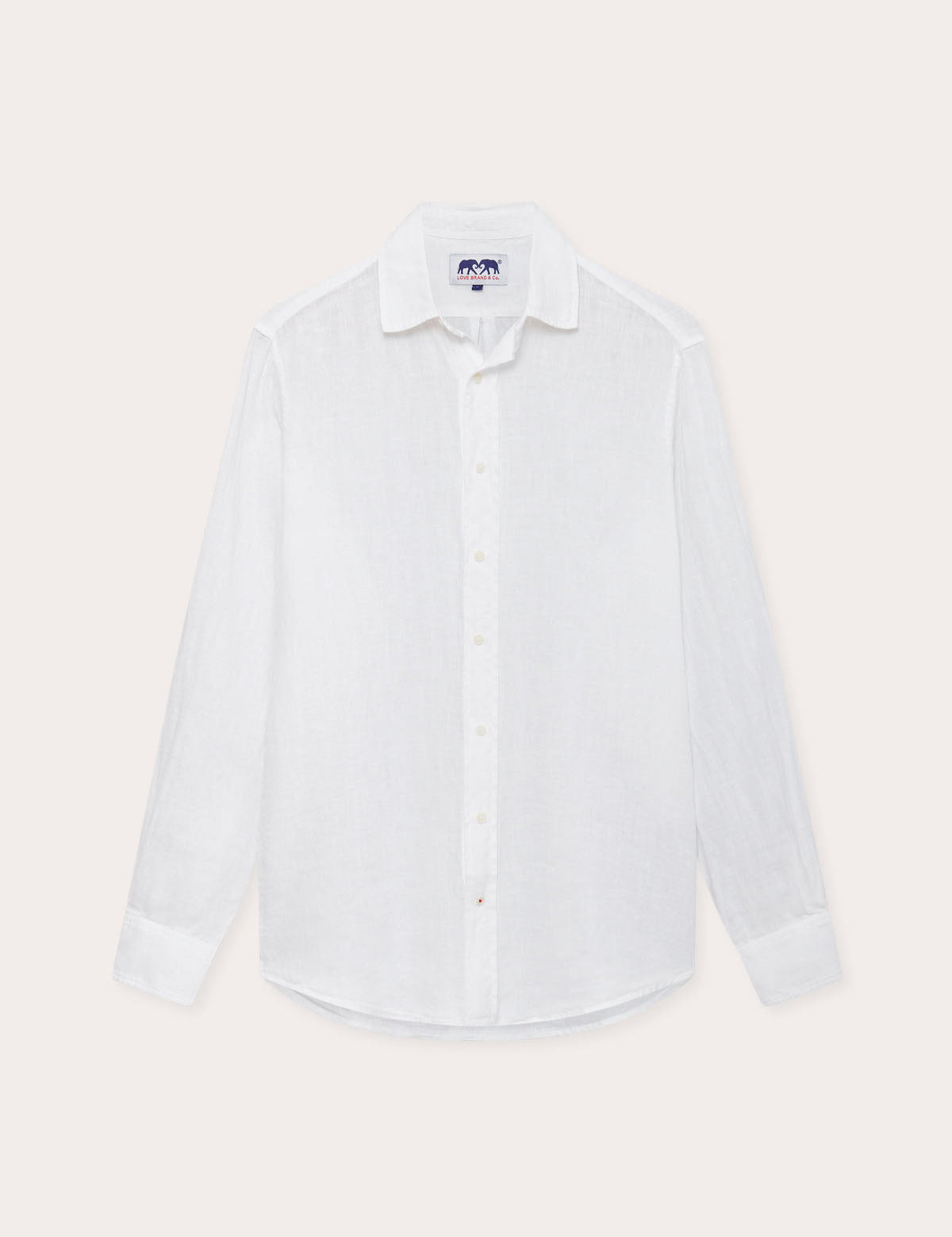 Abaco Mens White Linen Shirt front view. Mens linen shirt showing long-sleeves and button-up design.