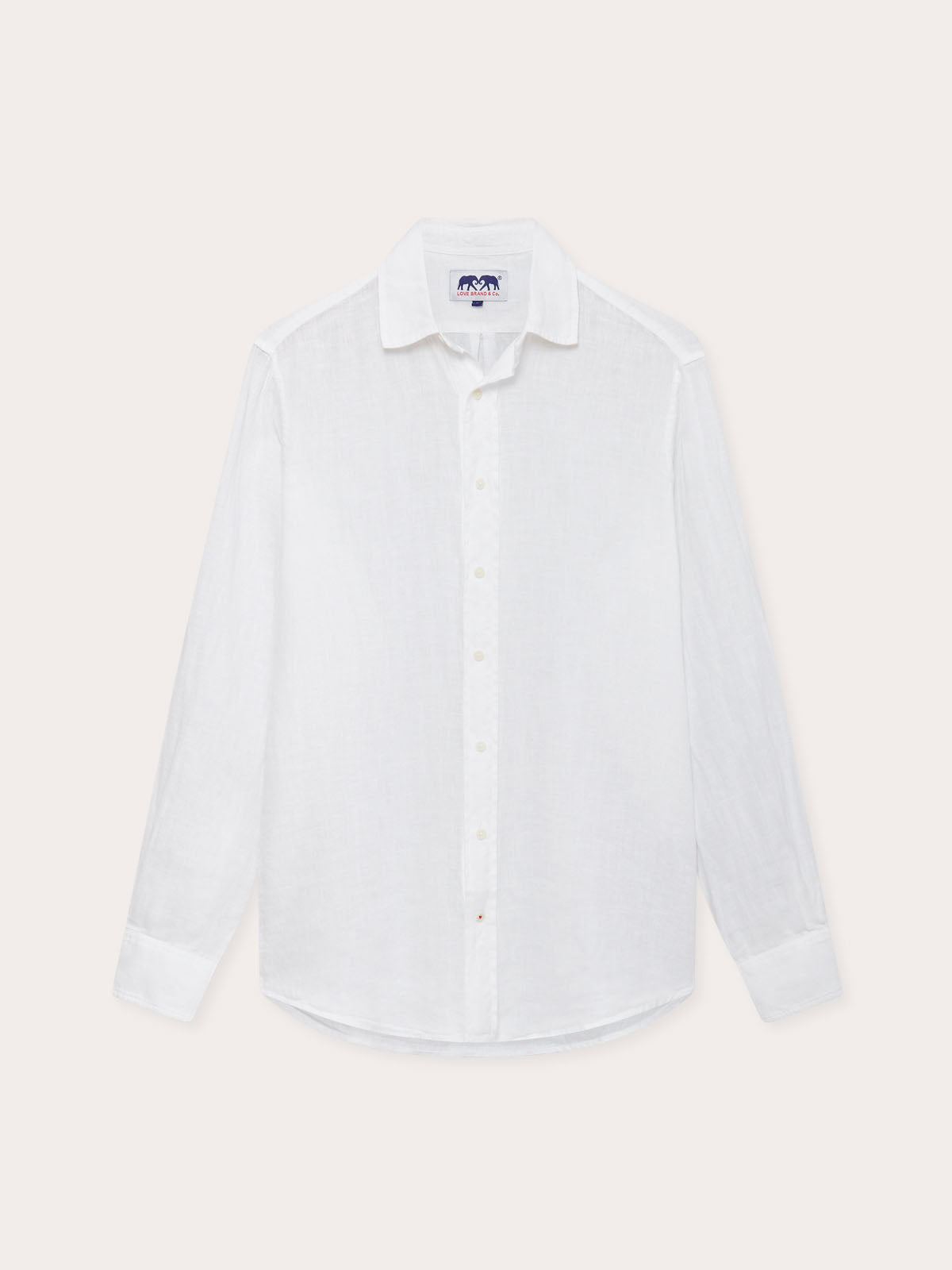 Abaco Mens White Linen Shirt front view. Mens linen shirt showing long-sleeves and button-up design.