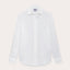 Abaco Mens White Linen Shirt front view. Mens linen shirt showing long-sleeves and button-up design.