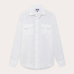 Men's White Andros Hemp Shirt with long sleeves, button front, and pleated double chest pockets.