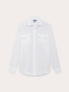 Men's White Andros Hemp Shirt with long sleeves, button front, and pleated double chest pockets.