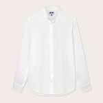 Men's White Go With The Flow Maycock Linen Shirt front view. Old money shirts crafted from 100% linen.