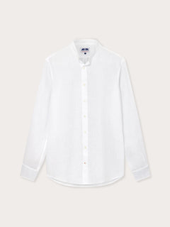 Men's White Go With The Flow Maycock Linen Shirt front view. Old money shirts crafted from 100% linen.