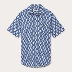 Men's White Heron Manjack Linen Shirt with blue and white heron print, short-sleeved, button-up design.