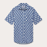 Men's White Heron Manjack Linen Shirt with blue and white heron print, short-sleeved, button-up design.