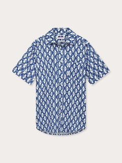 Men's White Heron Manjack Linen Shirt with blue and white heron print, short-sleeved, button-up design.