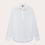 Men's White Hoffman Linen Shirt front view. Long-sleeved mens linen shirt with half button-up design.